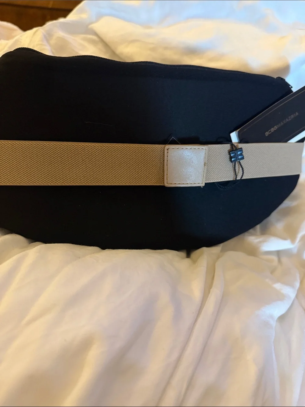 BCBGMaxAzria Black Belt with Beige Elastic and Crystal Embellishment